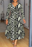 Leopard Tiger Stripe Snake Print V Neck Long Sleeve A-line High Waisted Fitted Casual Vacation Plus Size Maxi Dresses