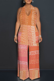 Pink Geometric Print Sleeveless Backless With Pocket Lace Up Halter Loose Casual Vacation Straight Jumpsuits