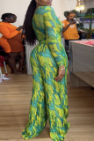 Green Casual Graphic Print Oblique Collar Long Sleeve Tops and Pleated Wide Leg Pants Fitted Two Piece Trouser Sets
