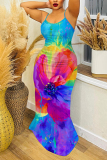 Blue Pink Plant Floral Print Sleeveless Backless Fitted Casual Party Vacation Plus Size Maxi Slip Dresses