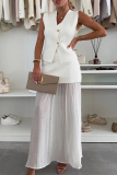 White Kintted V Neck Sleeveless Button up Waistcoat and Gauze See-through Maxi Skirts Casual Vacation Two Piece Dress Sets
