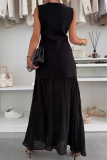 White Kintted V Neck Sleeveless Button up Waistcoat and Gauze See-through Maxi Skirts Casual Vacation Two Piece Dress Sets