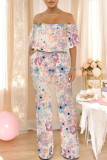Blue Floral Print Off Shoulder Ruffled Short Sleeve Fitted Casual Vacation Straight Jumpsuits