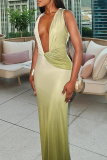 Green Gradient Deep V Neck Sleeveless Ruched Bodycon Party Club Wear Evening Maxi Dresses