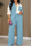 Sky Blue Casual Contrast Turndown Collar Long Sleeve Button up Shirts and Wide Leg Pants Two Piece Trouser Sets