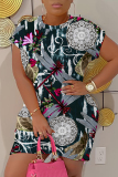 Dark Blue Floral Animal Print O Neck Short Sleeve Loose Casual Outing Plus Size Mini T-shirt Dress