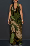 Pink Geometric Print Sleeveless Backless With Pocket Lace Up Halter Loose Casual Vacation Straight Jumpsuits