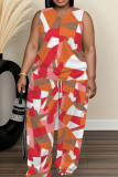 White Floral Figure Print V Neck Sleeveless Tops and Drawstring Wide Leg Pants Casual Plus Size Two Piece Trouser Sets