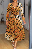 Leopard Tiger Stripe Snake Print V Neck Long Sleeve A-line High Waisted Fitted Casual Vacation Plus Size Maxi Dresses
