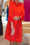 Red O Neck Long Sleeve 3D Flower Decor Casual Party Evening Straight Midi Dresses