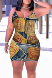 Blue Khaki Faux Denim Print Sleeveless Backless Bodycon Casual Outing Plus Size Mini Slip Dresses
