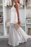 White Kintted V Neck Sleeveless Button up Waistcoat and Gauze See-through Maxi Skirts Casual Vacation Two Piece Dress Sets