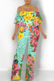 Blue Floral Print Off Shoulder Ruffled Short Sleeve Fitted Casual Vacation Straight Jumpsuits