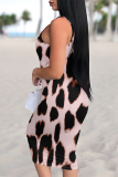 Light Yellow Geometric Floral Print U Neck Sleeveless Bodycon Casual Vacation Midi Slip Dresses