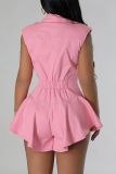Pink Casual Turndown Collar Sleeveless Button up Fitted Ruffed Wide Leg Rompers