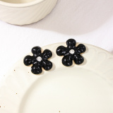 Black Casual Party Flowers Shaped Rhinestone Decor Oversize Earrings