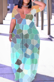 Cyanine Geometric Figure Print U Neck Short Sleeve Loose Casual Vacation Plus Size Maxi Dresses
