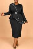 Black Long Sleeve Beading Ruffle Trim Belted Bodycon Party Evening Office Lady Plus Size Maxi Dresses