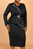 Black Long Sleeve Beading Ruffle Trim Belted Bodycon Party Evening Office Lady Plus Size Maxi Dresses