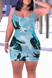 Khaki Graphic Camouflage Print Sleeveless Backless Bodycon Casual Outing Plus Size Mini Slip Dresses
