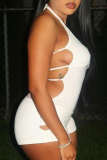 White Sleeveless Backless Cut Out Lace up Halter Skinny Rompers