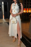 White Turndown Collar Sleeveless Pocket Buttons High Slit Fitted Party Club Wear Maxi Dresses
