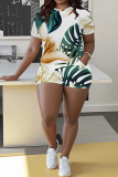 Brown Butterfly Floral Print O Neck Short Sleeve T-shirt and Skinny Shorts Casual Outing Plus Size Two Piece Short Sets