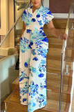 Light Blue Plant Floral Print V Neck Short Sleeve Belted Casual Vacation Plus Size Wide Leg Jumpsuits