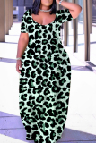 Wine Red Graphic Leopard Print U Neck Short Sleeve Loose Casual Vacation Plus Size Maxi Dresses