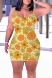 Brown Floral Print Sleeveless Backless Bodycon Casual Outing Plus Size Mini Slip Dresses