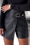 Black PU Leather Casual High Waist Wrap Metal Ring Skorts Shorts