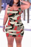 Khaki Graphic Camouflage Print Sleeveless Backless Bodycon Casual Outing Plus Size Mini Slip Dresses