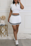 Brown Stripe Print Turndown Collar Short Sleeve Crop Tops And Pleated Mini Skirt Buttons Casual Sportwear Two Pieces Dress Sets