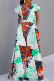 Blue Plant Floral Print V Neck Short Sleeve Waisted Casual Party Vacation Plus Size Wide Leg Jumpsuits