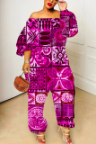 Green Graphic Print Off Shoulder Long Lantern Sleeve Loose Plus Size Overall Jumpsuits