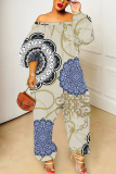 Grey Graphic Floral Print Off Shoulder Long Lantern Sleeve Loose Plus Size Overall Jumpsuits