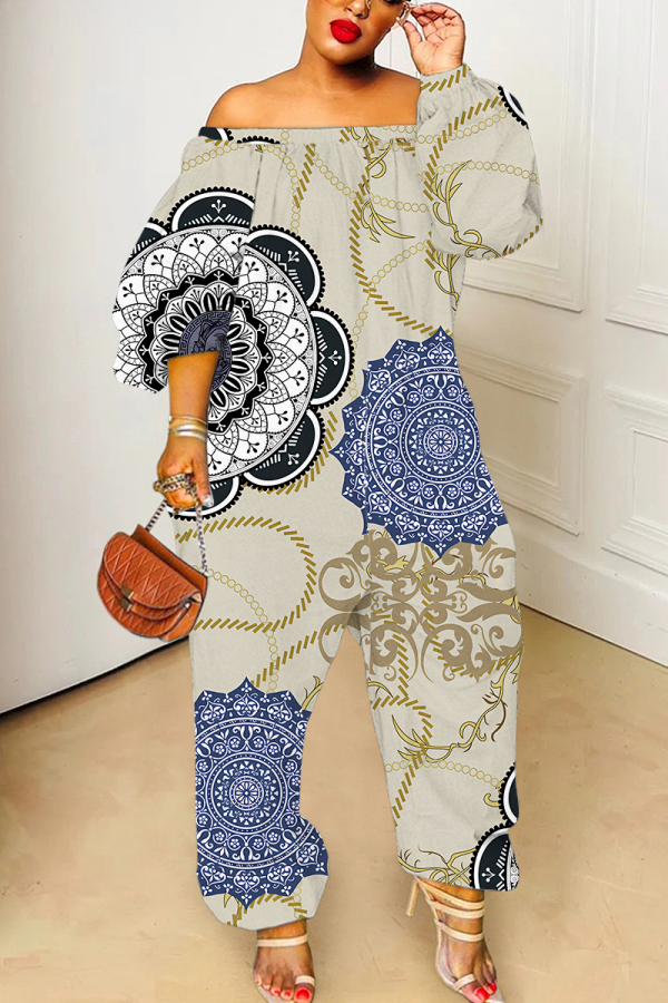 Grey Graphic Floral Print Off Shoulder Long Lantern Sleeve Loose Plus Size Overall Jumpsuits