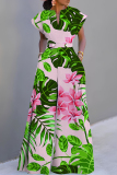 Blue Plant Floral Print V Neck Short Sleeve Waisted Casual Party Vacation Plus Size Wide Leg Jumpsuits