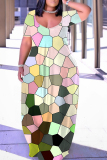 Cyanine Geometric Figure Print U Neck Short Sleeve Loose Casual Vacation Plus Size Maxi Dresses