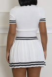 Brown Stripe Print Turndown Collar Short Sleeve Crop Tops And Pleated Mini Skirt Buttons Casual Sportwear Two Pieces Dress Sets