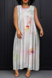 Pink Floral Print O Neck Sleeveless Loose Straight Casual Outing Maxi Dresses