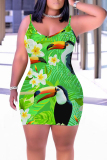 Dark Green Floral Leaf Print Sleeveless Backless Bodycon Casual Outing Plus Size Mini Slip Dresses