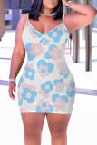 Brown Floral Print Sleeveless Backless Bodycon Casual Outing Plus Size Mini Slip Dresses