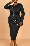 Black Long Sleeve Beading Ruffle Trim Belted Bodycon Party Evening Office Lady Plus Size Maxi Dresses