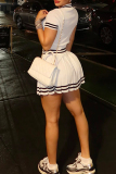 Brown Stripe Print Turndown Collar Short Sleeve Crop Tops And Pleated Mini Skirt Buttons Casual Sportwear Two Pieces Dress Sets