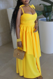 Lemon Yellow Sleeveless Bow Decor Layered Fitted Casual Vacation Maxi Slip Dresses