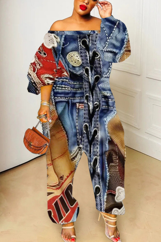 Dark Blue Faux Denim Print Off Shoulder Long Lantern Sleeve Loose Plus Size Overall Jumpsuits Dark Blue Faux Denim Print Off Shoulder Long Lantern Sleeve Loose Plus Size Overall Jumpsuits