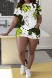 Brown Butterfly Floral Print O Neck Short Sleeve T-shirt and Skinny Shorts Casual Outing Plus Size Two Piece Short Sets