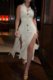White Turndown Collar Sleeveless Pocket Buttons High Slit Fitted Party Club Wear Maxi Dresses