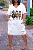 White Orange Casual Girls Print V Neck Short Sleeve with Pocket Loose Plus Size Midi T-shirt Dress